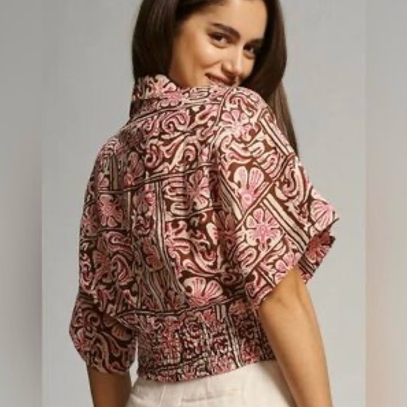 Anthropologie Tie-Front Linen Top in Brown And Pink XL New - Picture 3 of 11